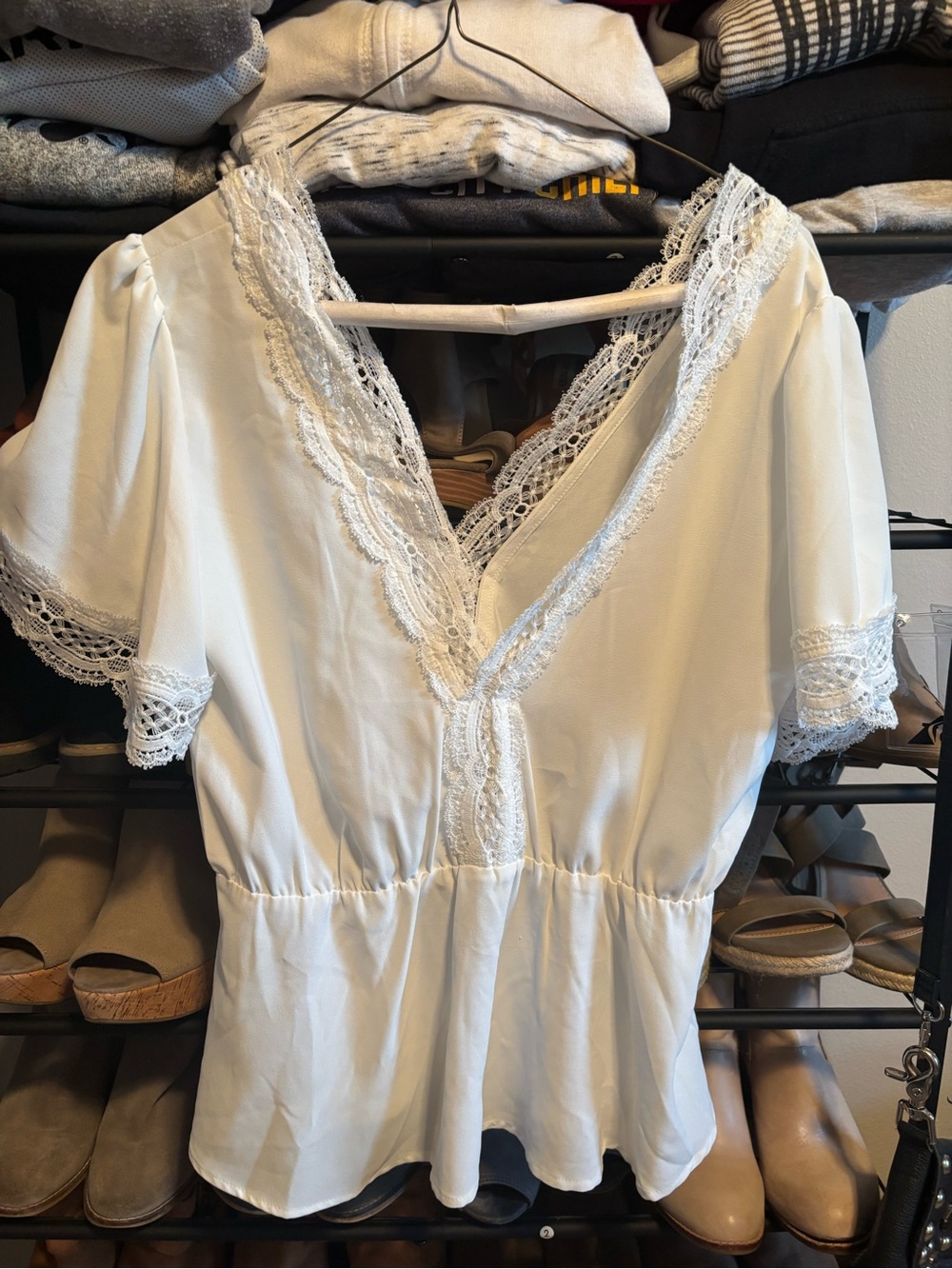 White Lace-Trim V-Neck Women's Top